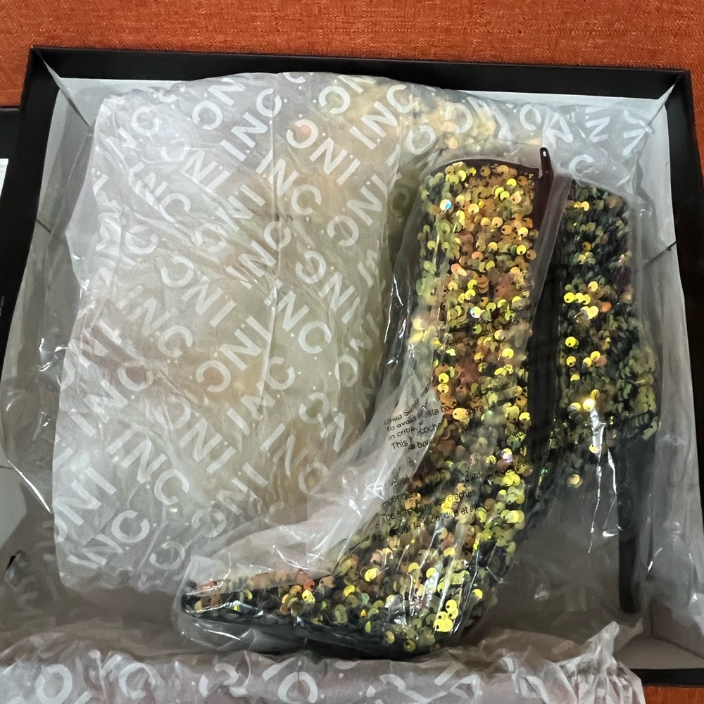 INC International Concepts Gold Sequin Heeled Boots - Picture 4 of 11